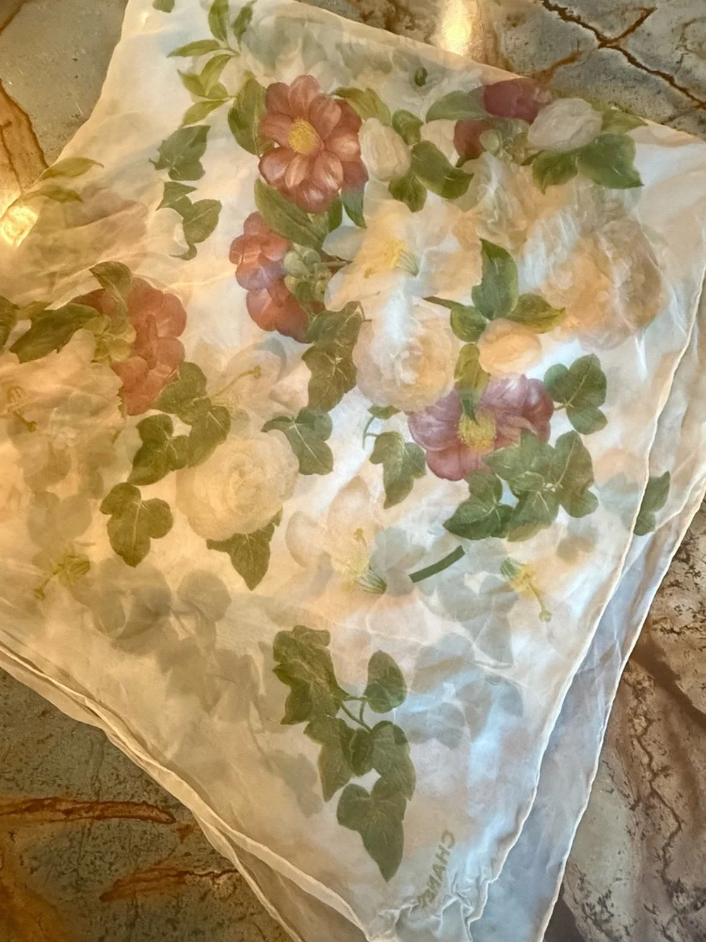 CHANEL White Silk Scarf with Green Floral Print